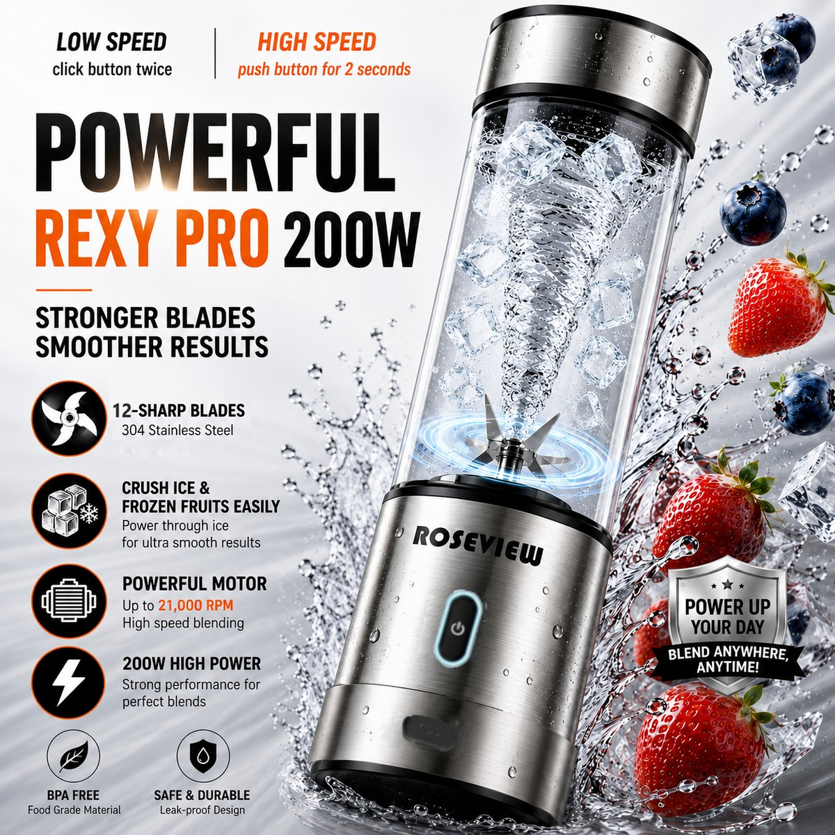 Portable Smoothie blender ROSEVIEW Glass bottle 200W Power USB rechargeable mini Handheld Ice Shakes Cup blend juicer Cordless blender Personal smoothies maker Fruit mixer