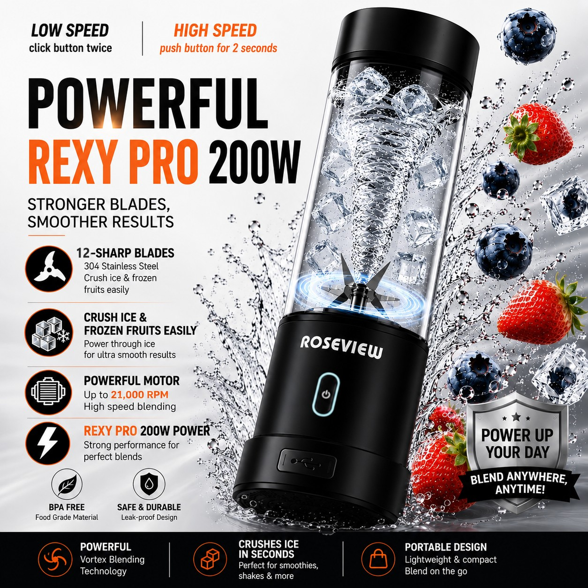 Portable Smoothie blender ROSEVIEW Glass bottle 200W Power USB rechargeable mini Handheld Ice Shakes Cup blend juicer Cordless blender Personal smoothies maker Fruit mixer