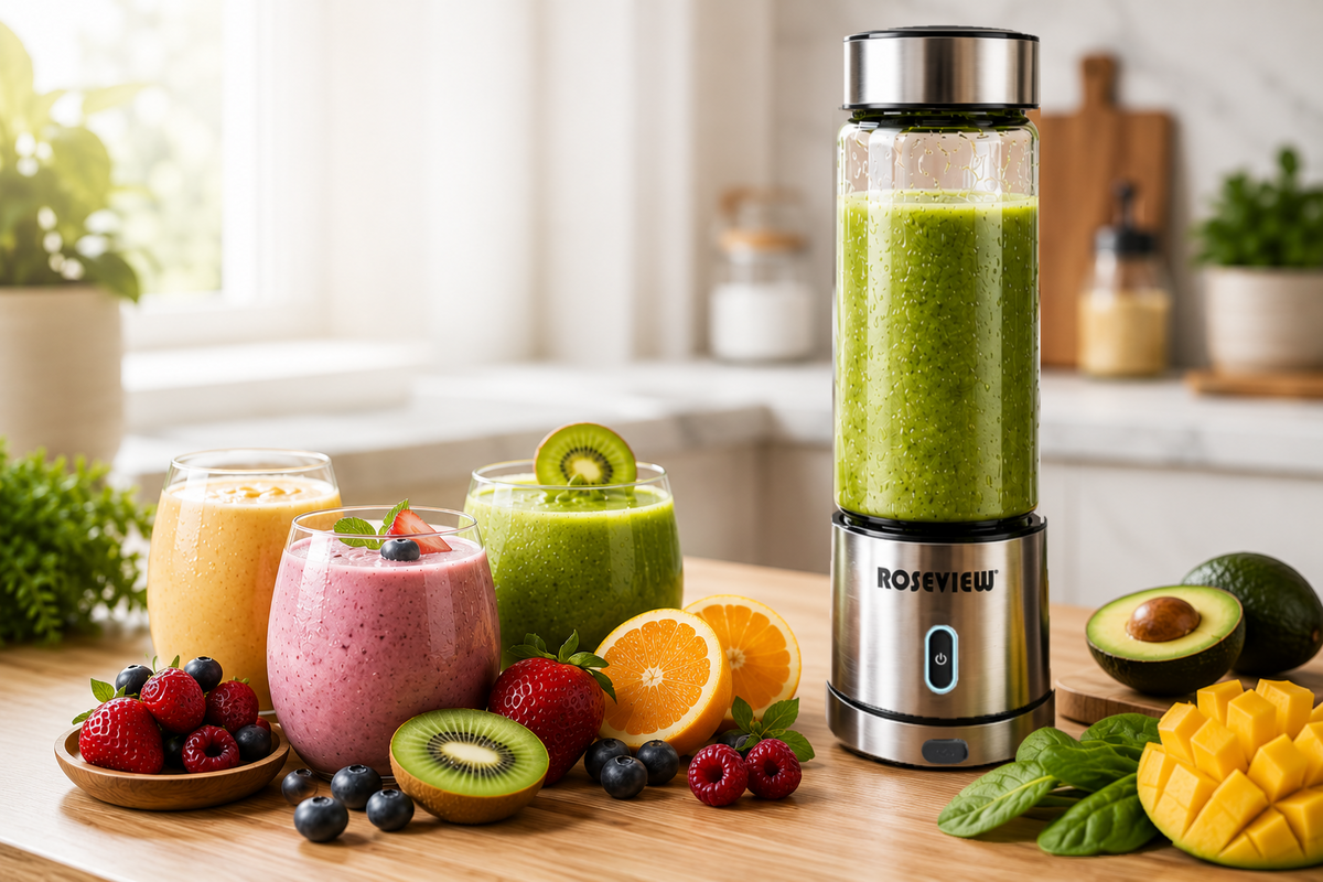 A ROSVIEW personal blender filled with green smoothie stands on a wooden countertop in a bright kitchen setting, surrounded by fresh fruits including strawberries, blueberries, kiwi, orange slices, avocado, and mango. Two more smoothies are visible in the background.
