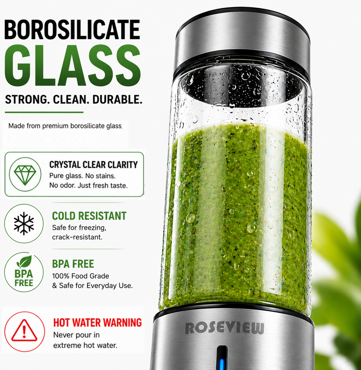 ROSEVIEW Portable Blender Smoothy blenders Glass Bottle Smoothie Mini Juicer Smoothies Mixer Maker Cordless juicer Travel Fruit Personal mixeur Cup melangeur Shake USB Rechargeable (CA, Metallic Steel)
